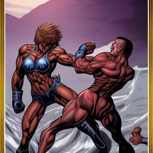 Muscular Mother and Son in Comic Book Fight