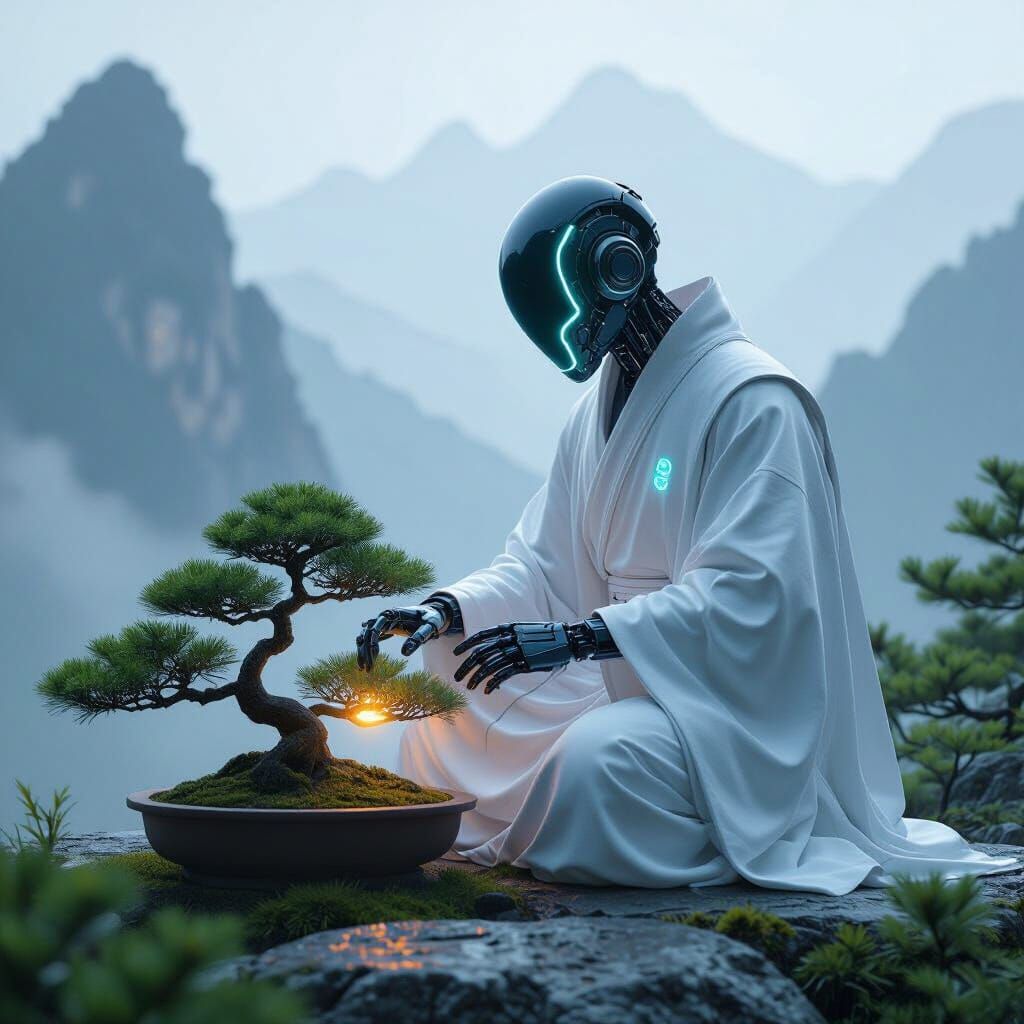 Cyborg Monk's Bonsai Garden: Futuristic Concept Art