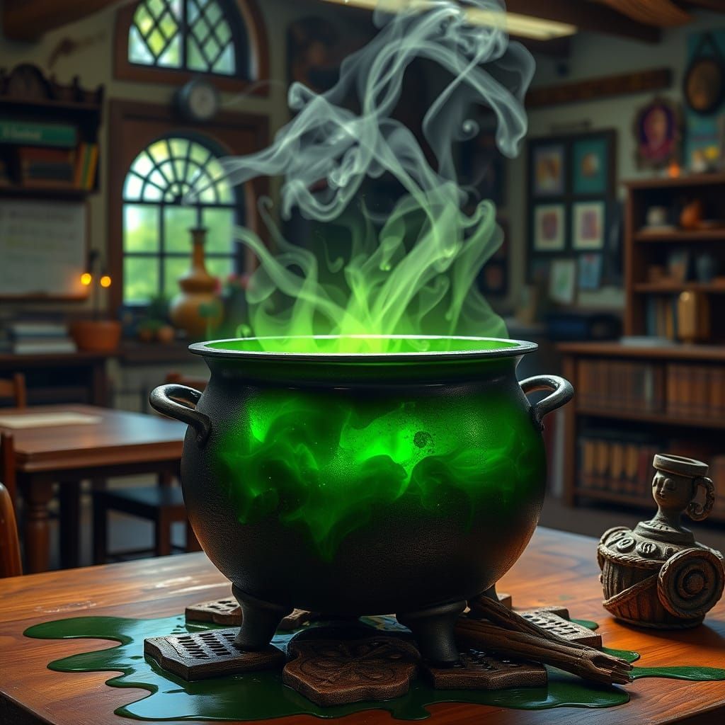 Bubbling Cauldron in Magical Classroom