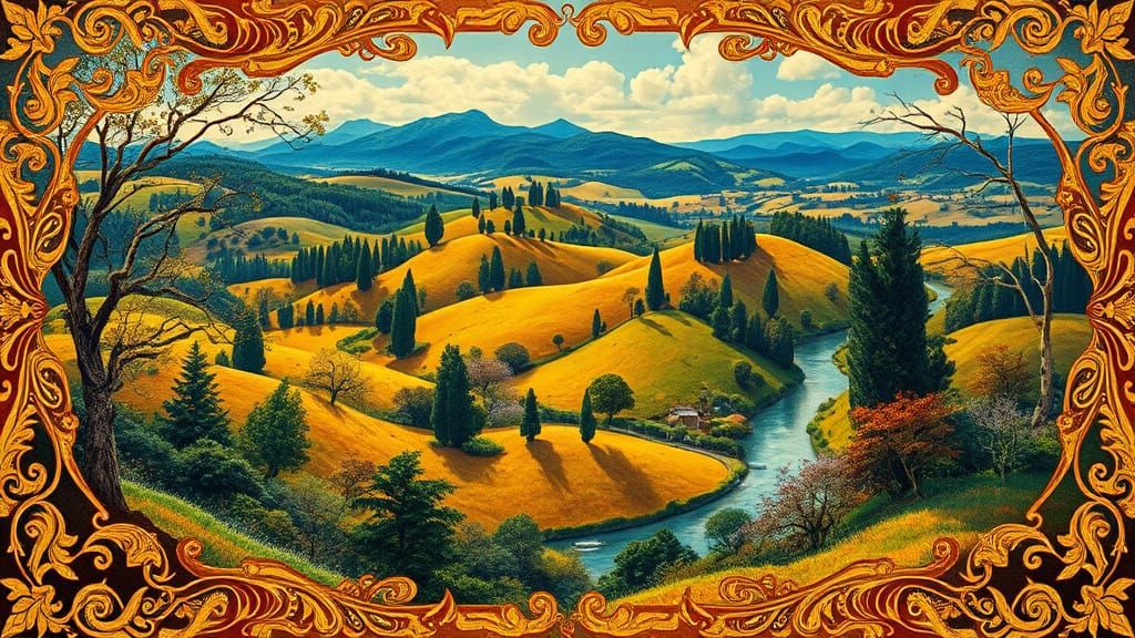 Surreal Country Landscape in Schiele and Klimt Style, Golden...