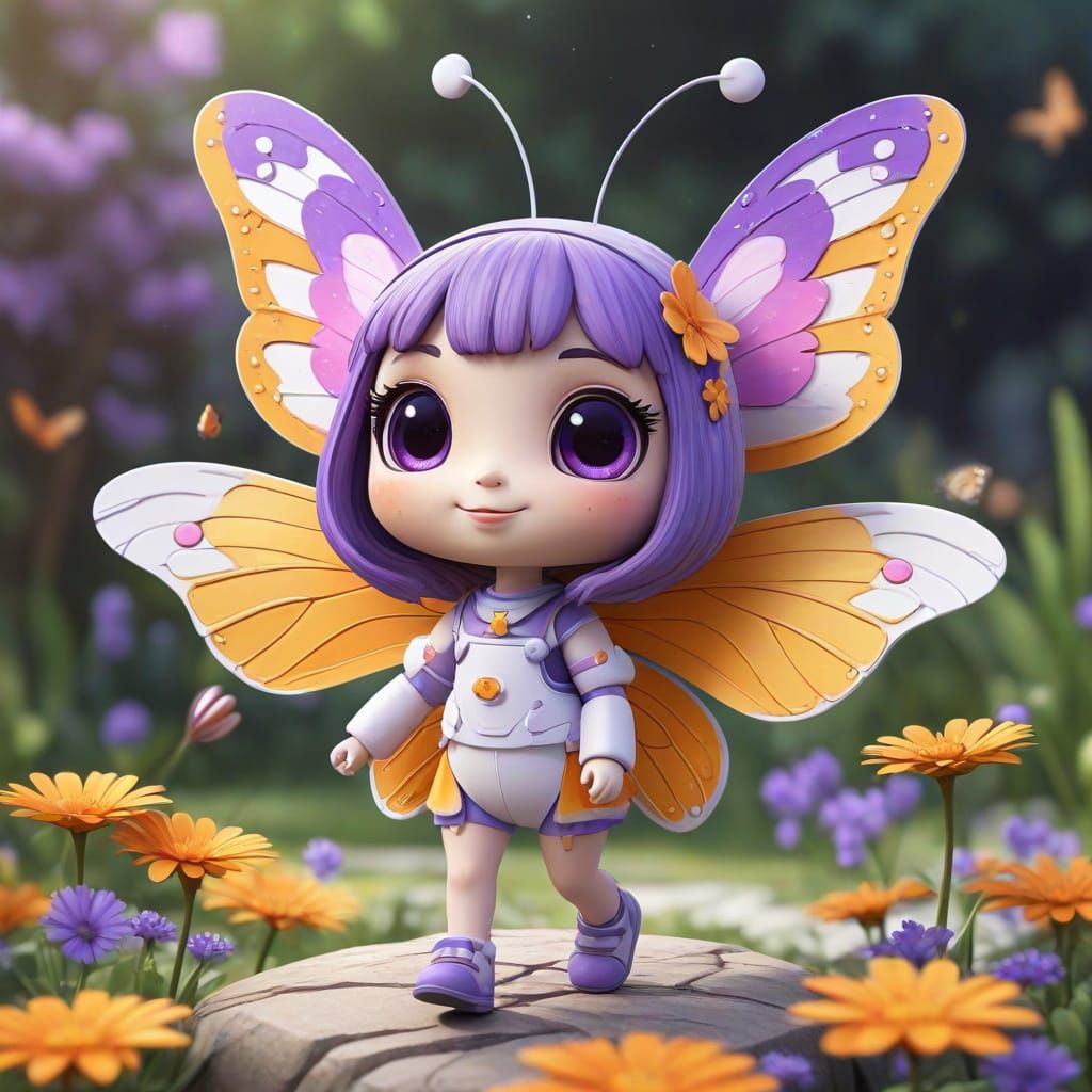 Futuristic Chibi Butterfly in a Vibrant Garden
