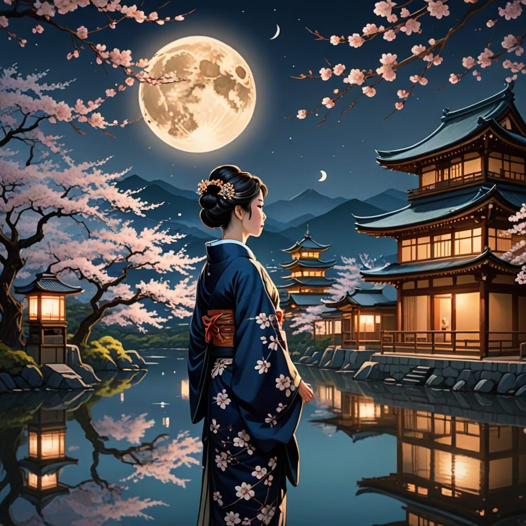 Art Nouveau Illustration of Elegant Japanese Woman in Floral...