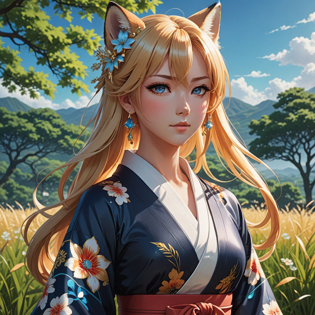 Vibrant Cel-Shaded Anime Goddess in Kimono Dress