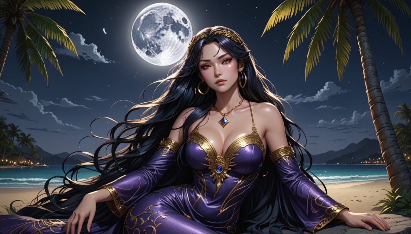 Anime Witch Priestess Under Full Moon