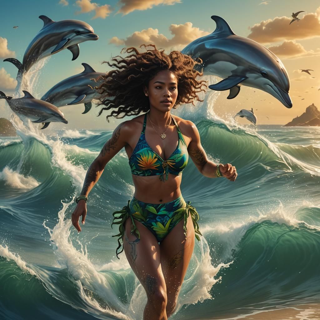 Oceanfront Woman with Dolphins in Fantasy Concept Art