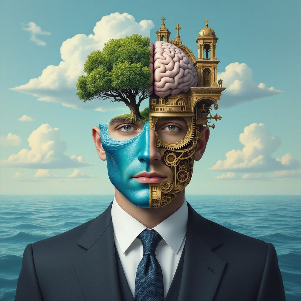 Surreal cross-section portrait of a man in a tailored suit; ...