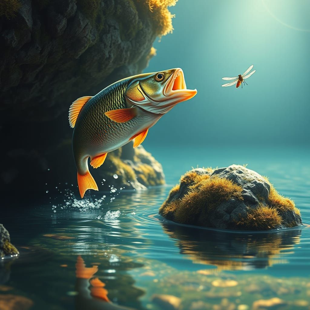 Redfin Perch Leaps for Dragonfly: Hyper-Realistic Matte Pain...