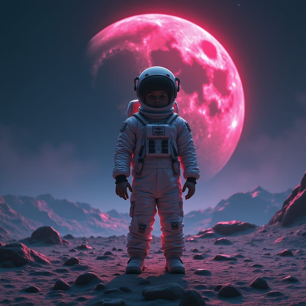 Boy on Moon in Cyberpunk Neon Style