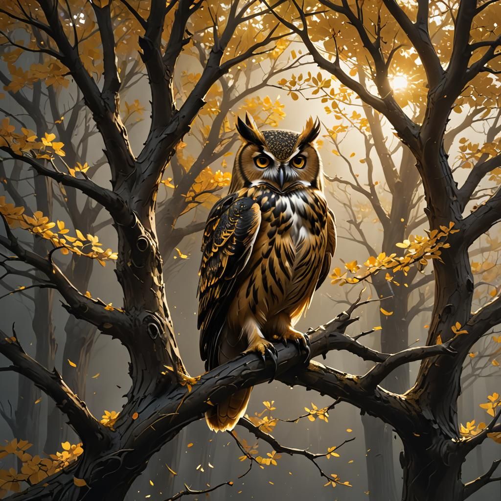 Golden Tree Owl in Splash Art Style