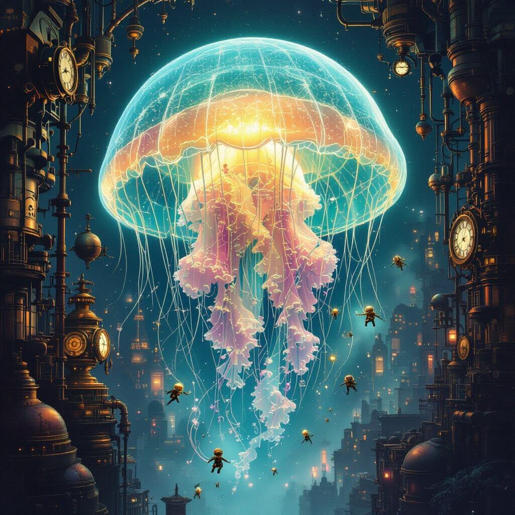 Bioluminescent Jellyfish in Steampunk Cityscape