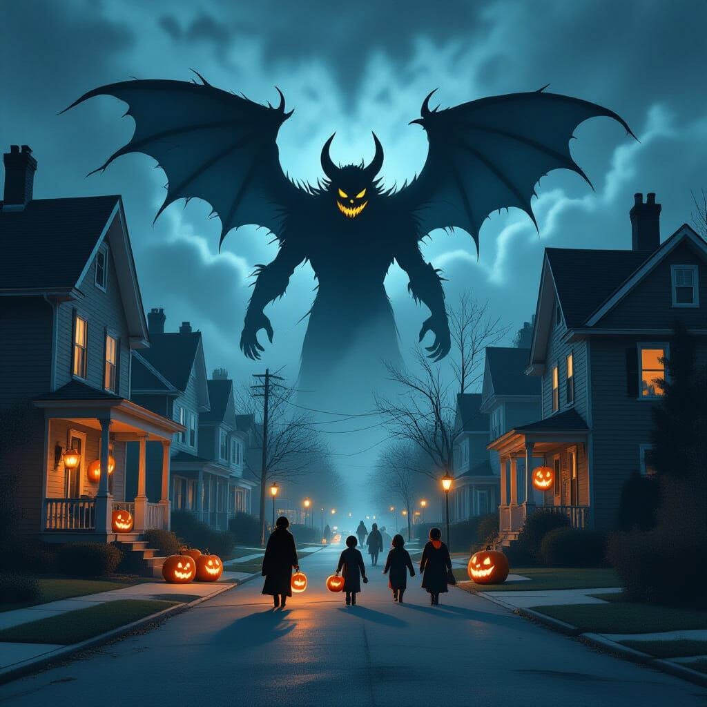 Eerie Halloween Night Street Scene with Devil Silhouette