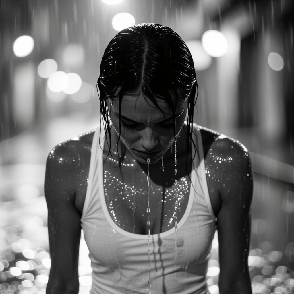 Photorealistic Woman in Rain, Cinematic Lighting