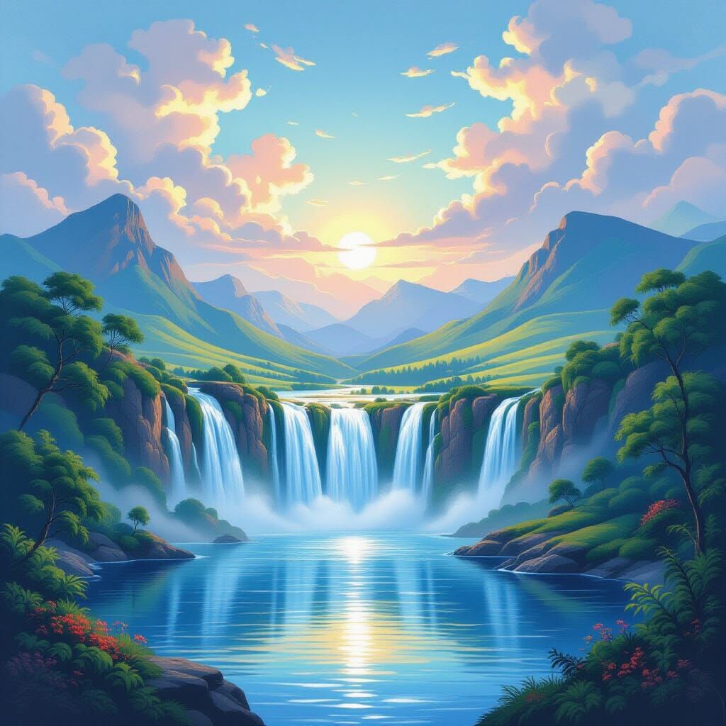 Airbrushed Mural: Fantastical Landscape with Waterfall