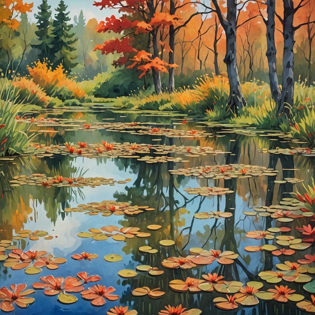Autumnal Sunset Reflection in Gouache Style