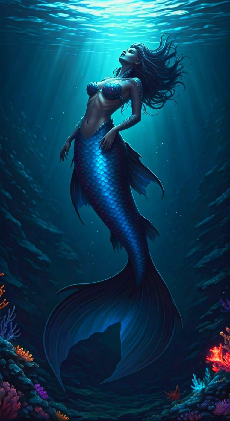 Glowing Mermaid Emerges from Dark Ocean Depths