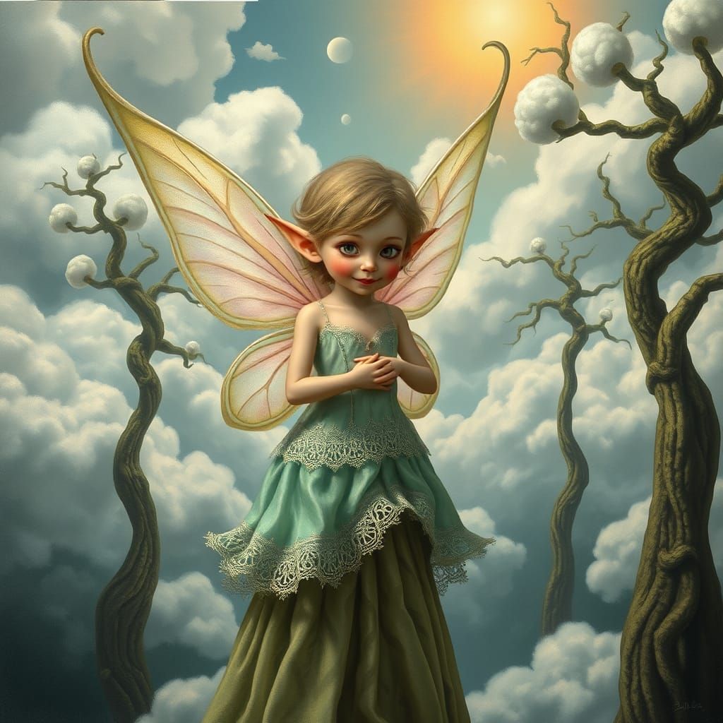 Delicate Fairy Elf in Surreal Dreamscape, Magritte Style