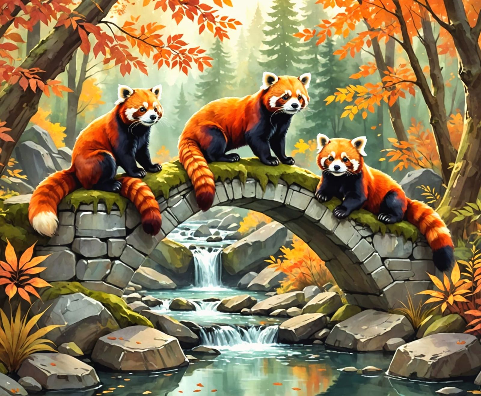 Red Panda Couple on Autumn Bridge in Watercolor Style