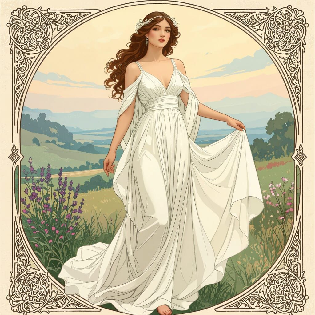 Elegant Woman in White Gown: Art Nouveau Illustration