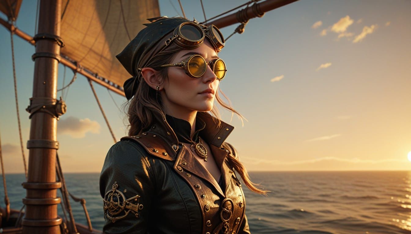 Steampunk Elf Pirate on a Vintage Schooner