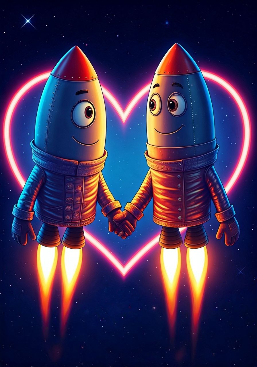 Cartoon Space Rockets Dance in Heart Nebula