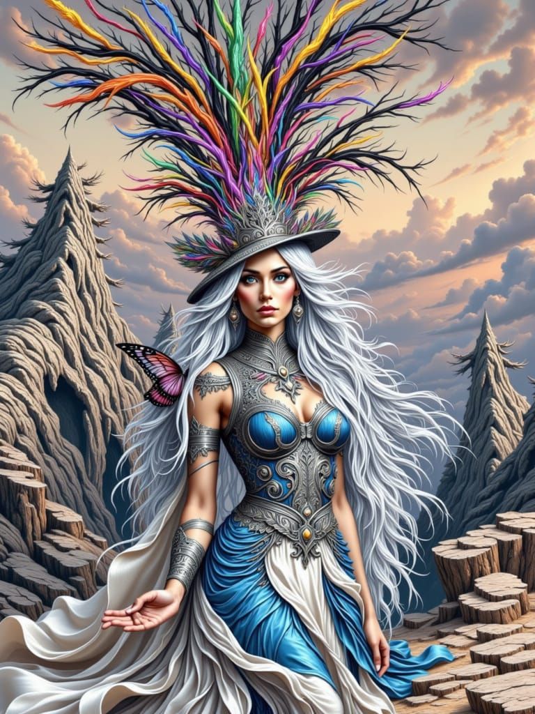 Majestic Goddess with Blue-White Hair Amidst Sparks