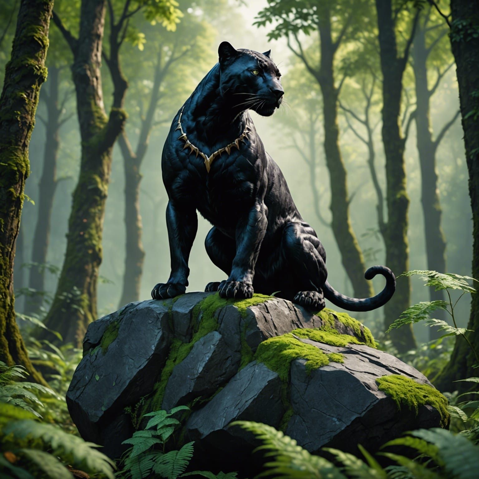 Black Panther in Green Forest: Detailed Matte Painting