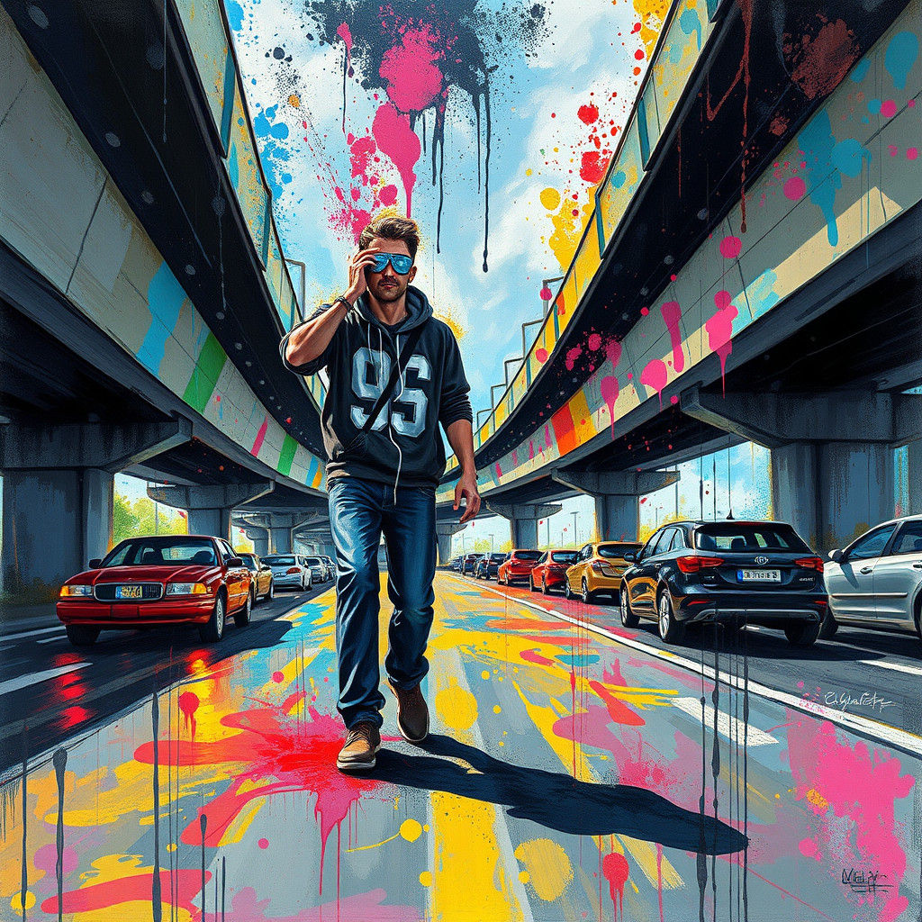 Whimsical Surreal Drawing of Blindfolded Freeway Risk