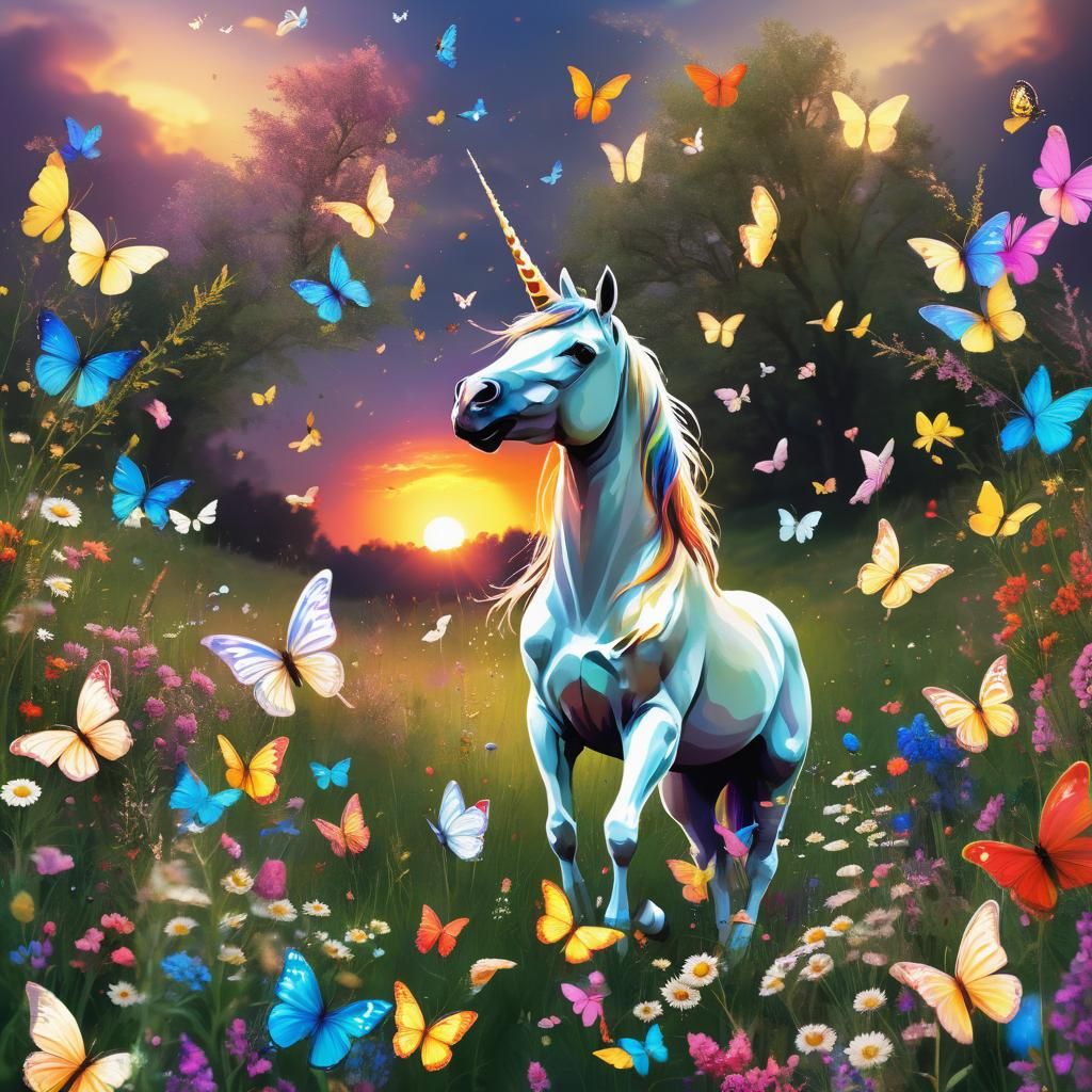 Unicorn and Butterflies in Sunset Meadow