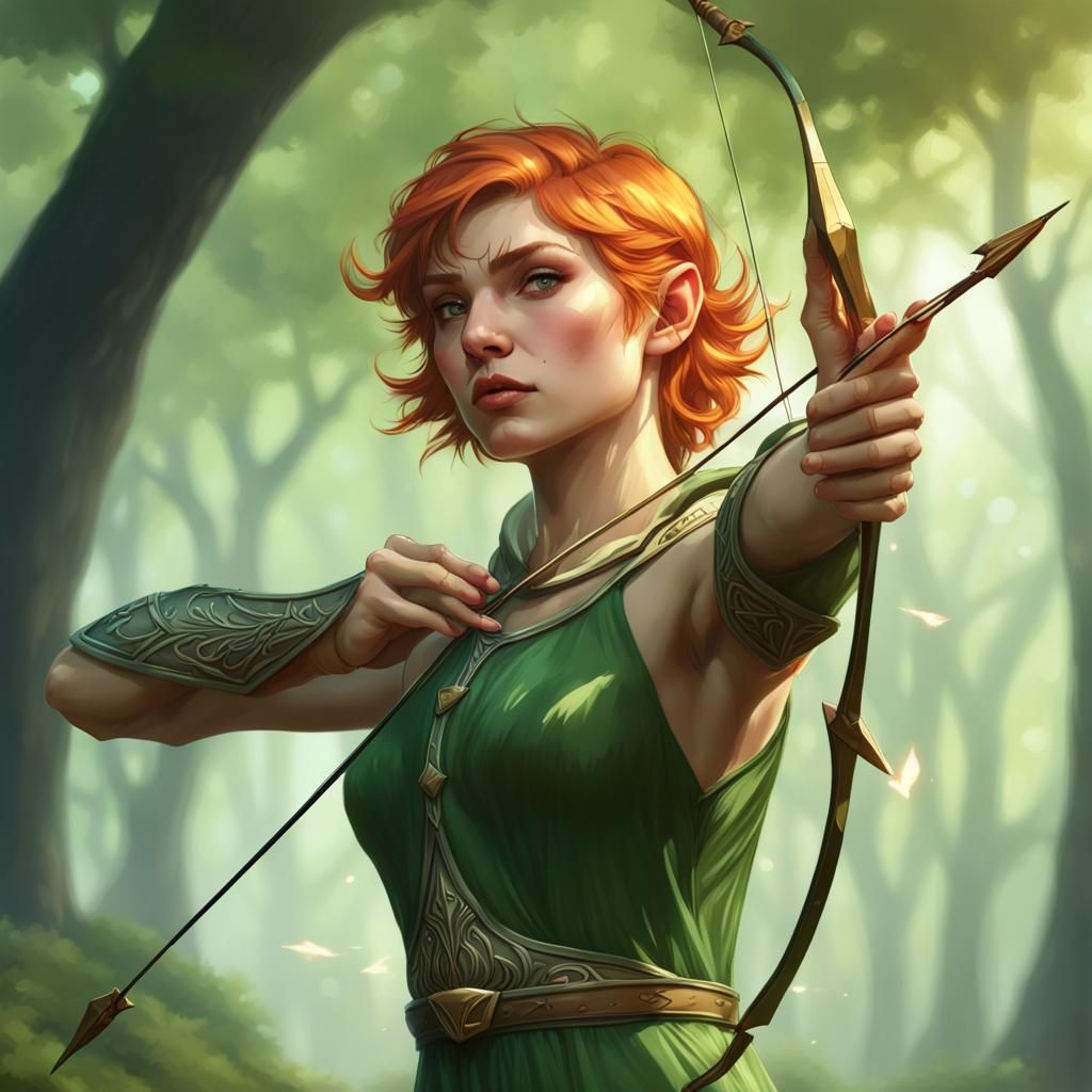 Elf Archer in Forest, Art Nouveau Portrait