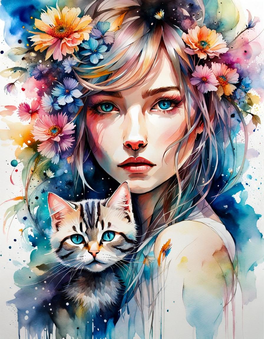 Watercolor, portrait of woman with cat
