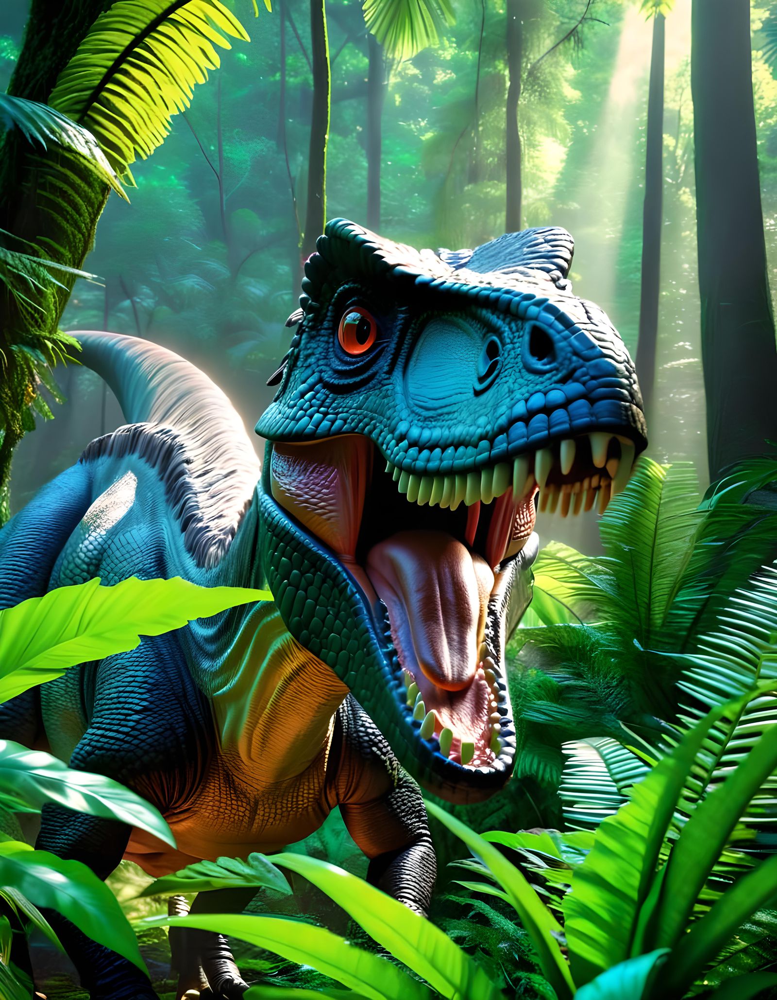 Feathered Dinosaurs in Jurassic Forest, Hyperrealistic