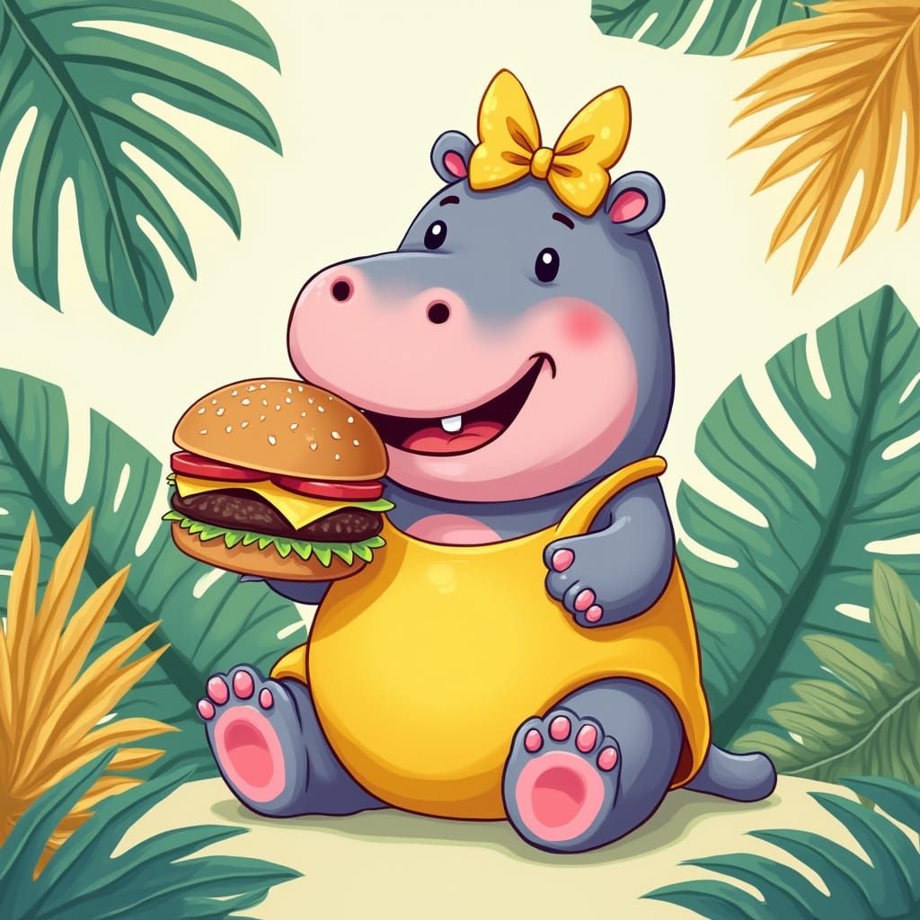 Cute Baby Hippo in Sundress Eats Burger with Tropical Leaves