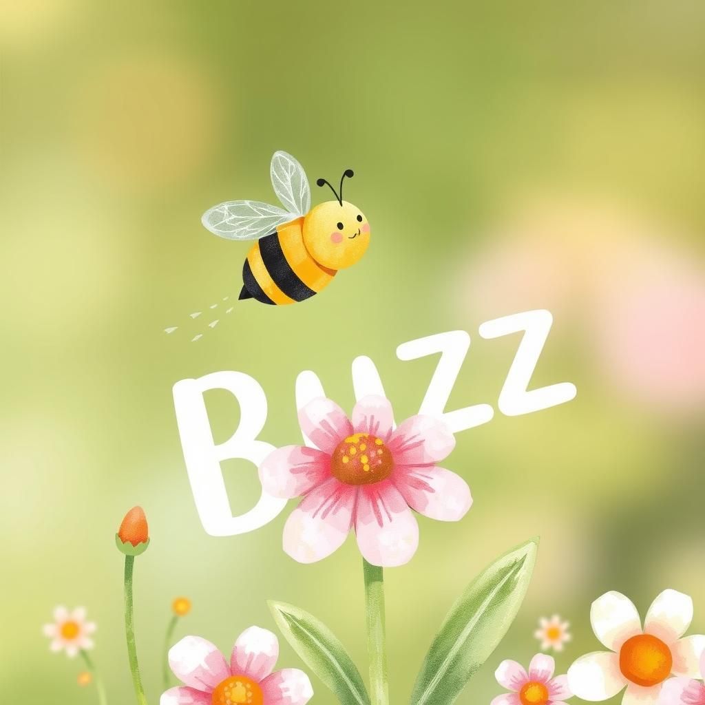 Bee Over Flower with Buzz in Watercolor Style