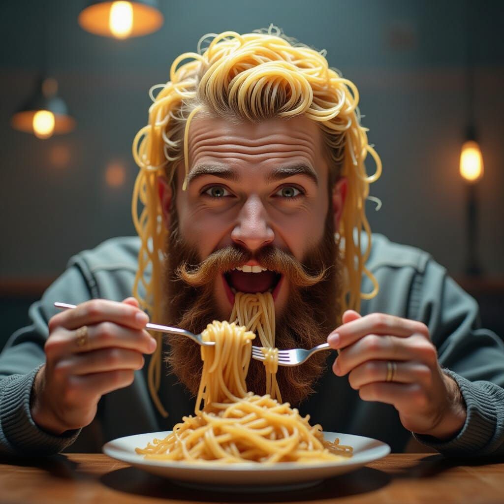 Surreal Spaghetti Beard Man Eating Dinner