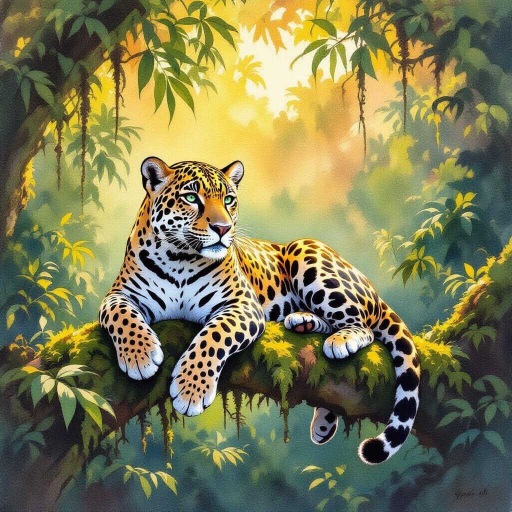 Jaguar Resting on Branch in Loose Watercolor Style