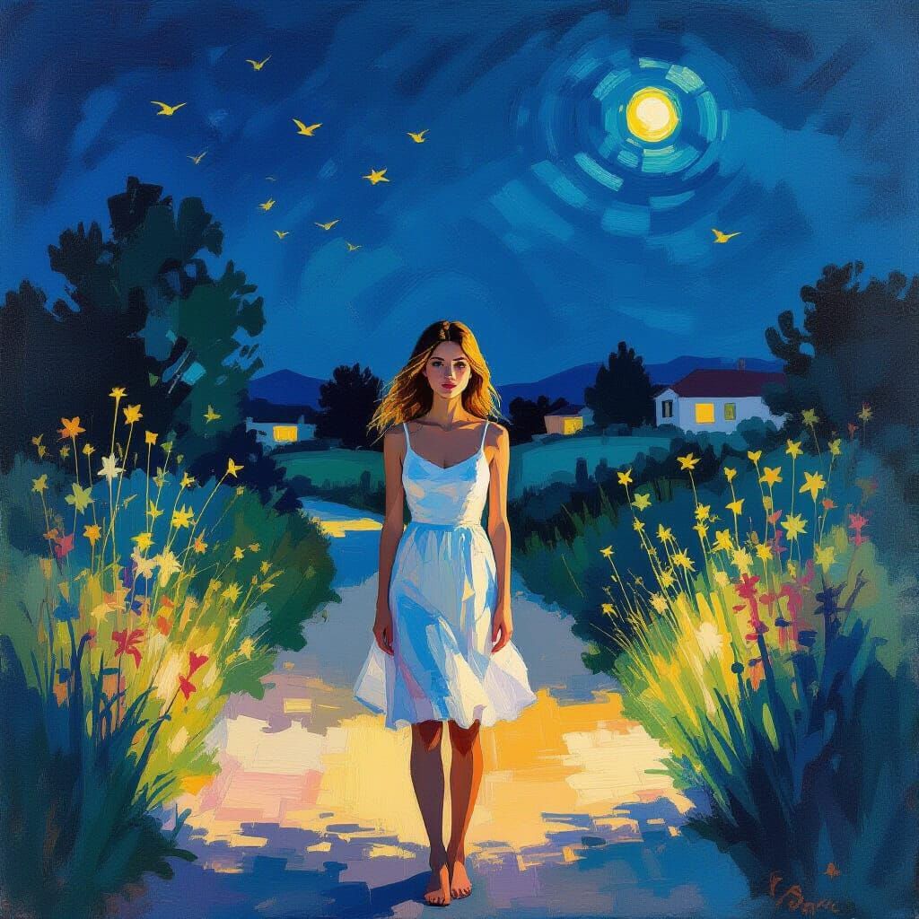 Summer Night: Young Woman in Gouache Style