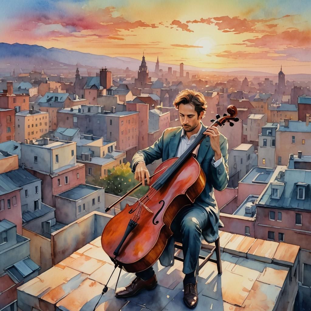 Cellist's Sunrise Serenade: An Oil and Watercolor Painting