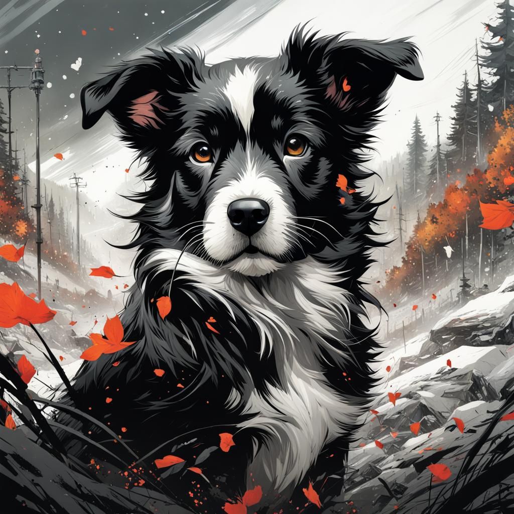 Monochrome Puppy Portrait in Detailed Ink Style