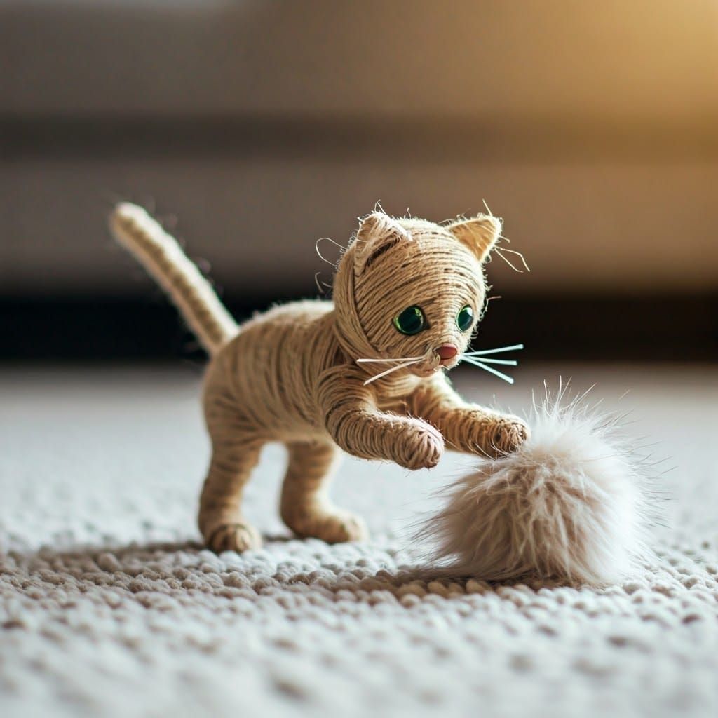 String Cat Pouncing: Whimsical Home Scene