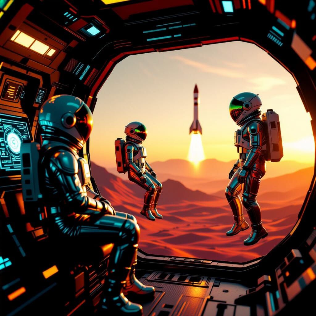 Futuristic Spaceship Interior with Retro Rocket Landing