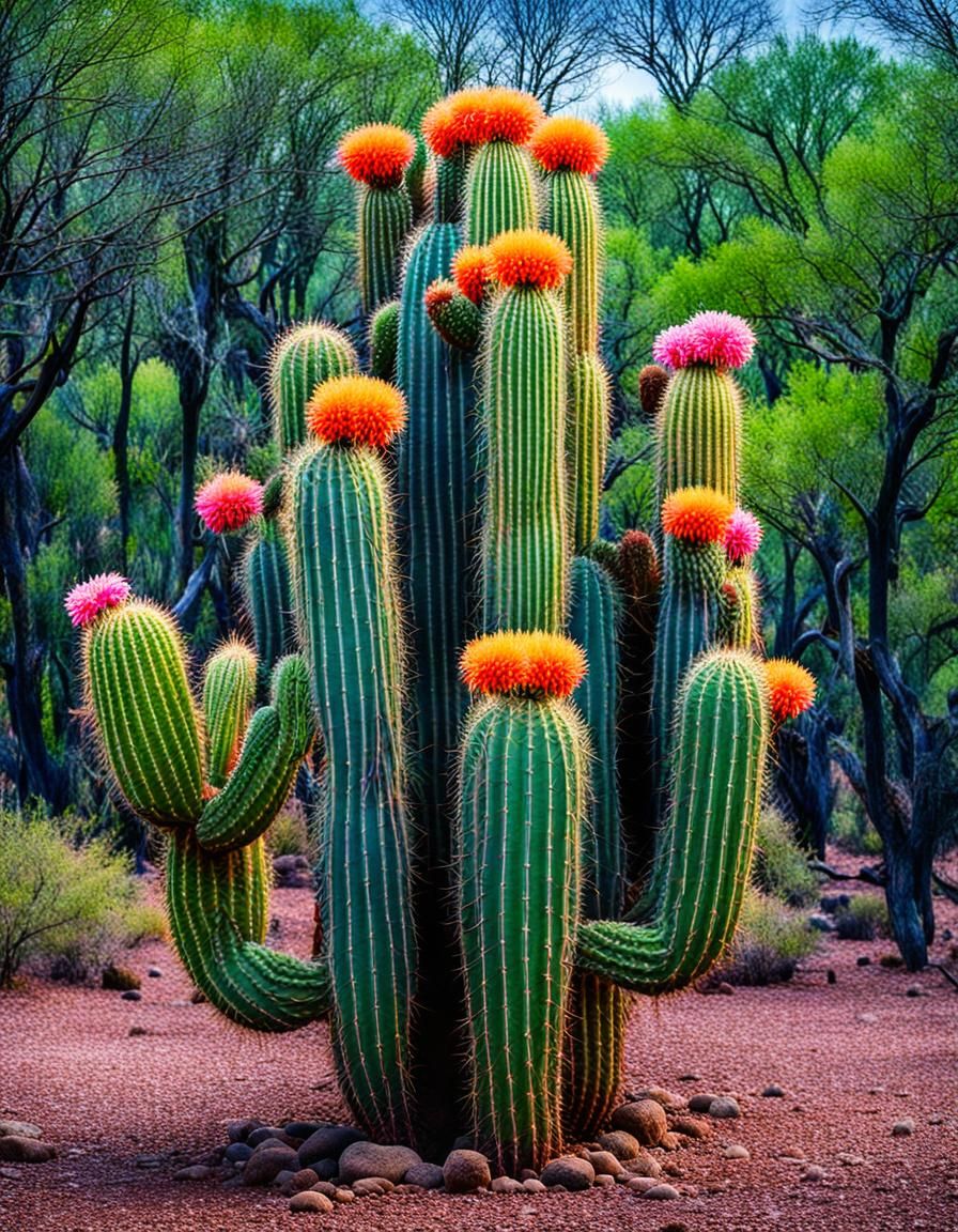 Colorful Cactus in a Forest Landscape