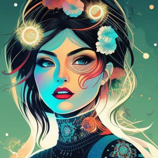 Fiery Lightning Woman in Circular Vector Art