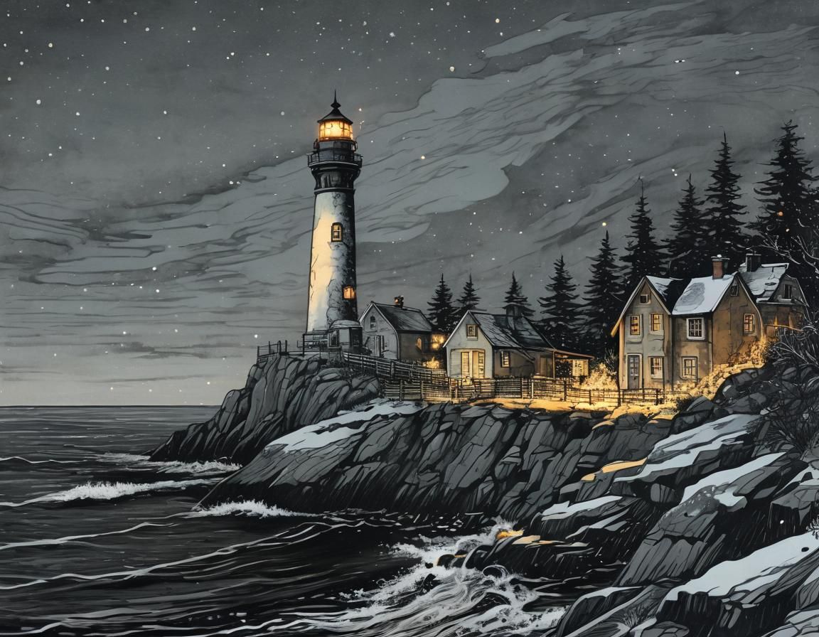 Festive Lighthouse Shines over Winter Sea