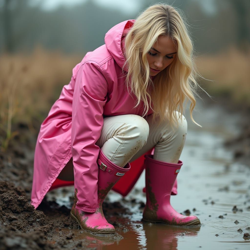 Blonde Woman Struggles Free from Muddy Terrain in Vibrant Pi...