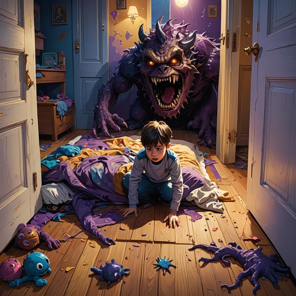 Scared Child and Monster, Hyperrealistic Concept Art