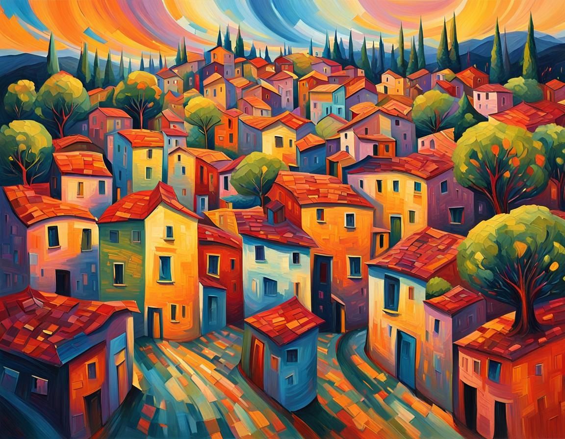Mystical Village: A Fauvist Dreamlike Landscape