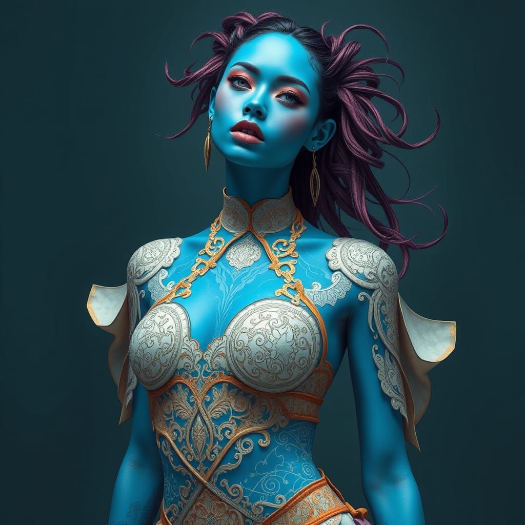 Hyperrealistic Blue-Skinned Woman in Futuristic Style