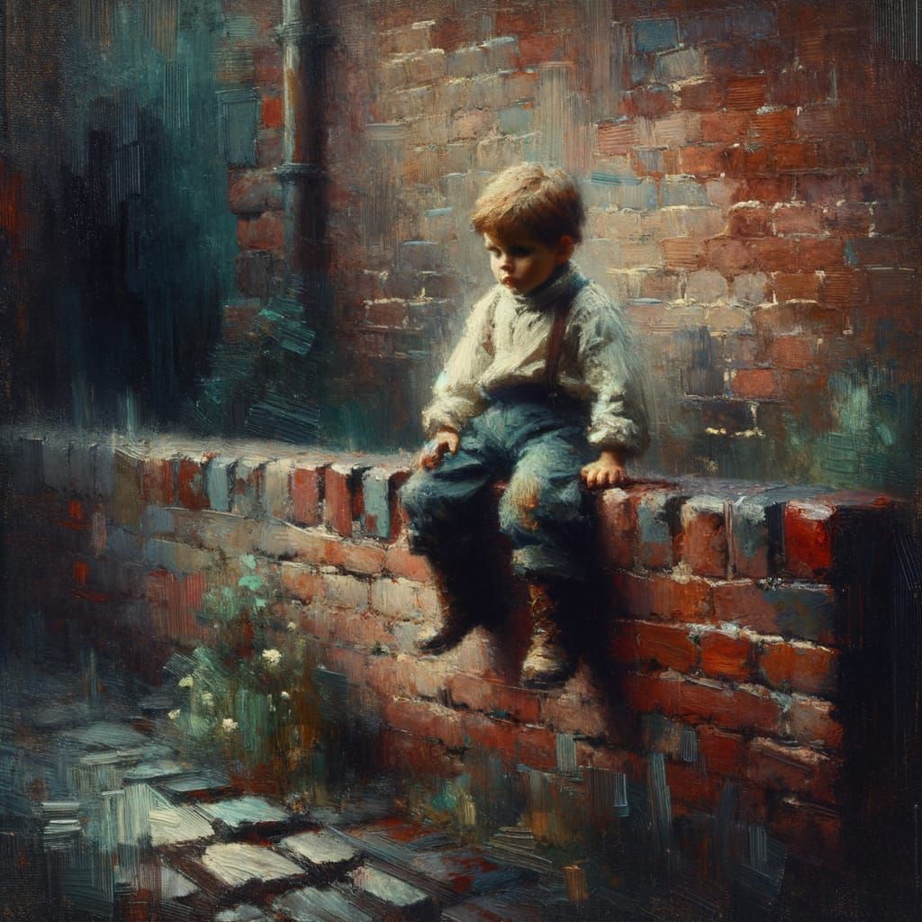 Boy on Rustic Wall in Post-Impressionist Style