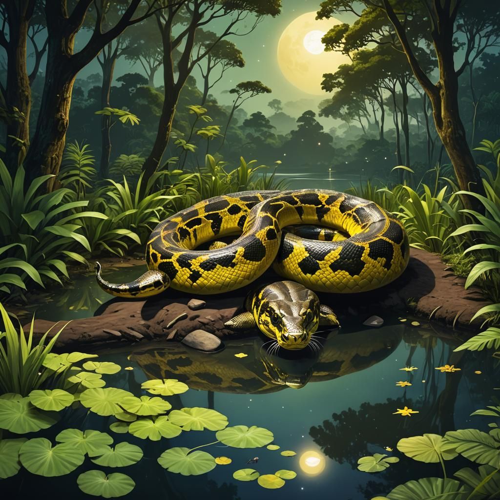 Anaconda in Moonlit Forest: Neo-Impressionist Illustration