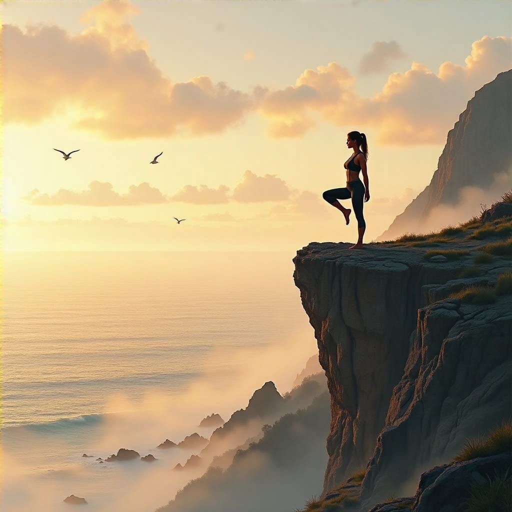 Peaceful Woman in Warrior Pose at Sunrise on a Cliffside